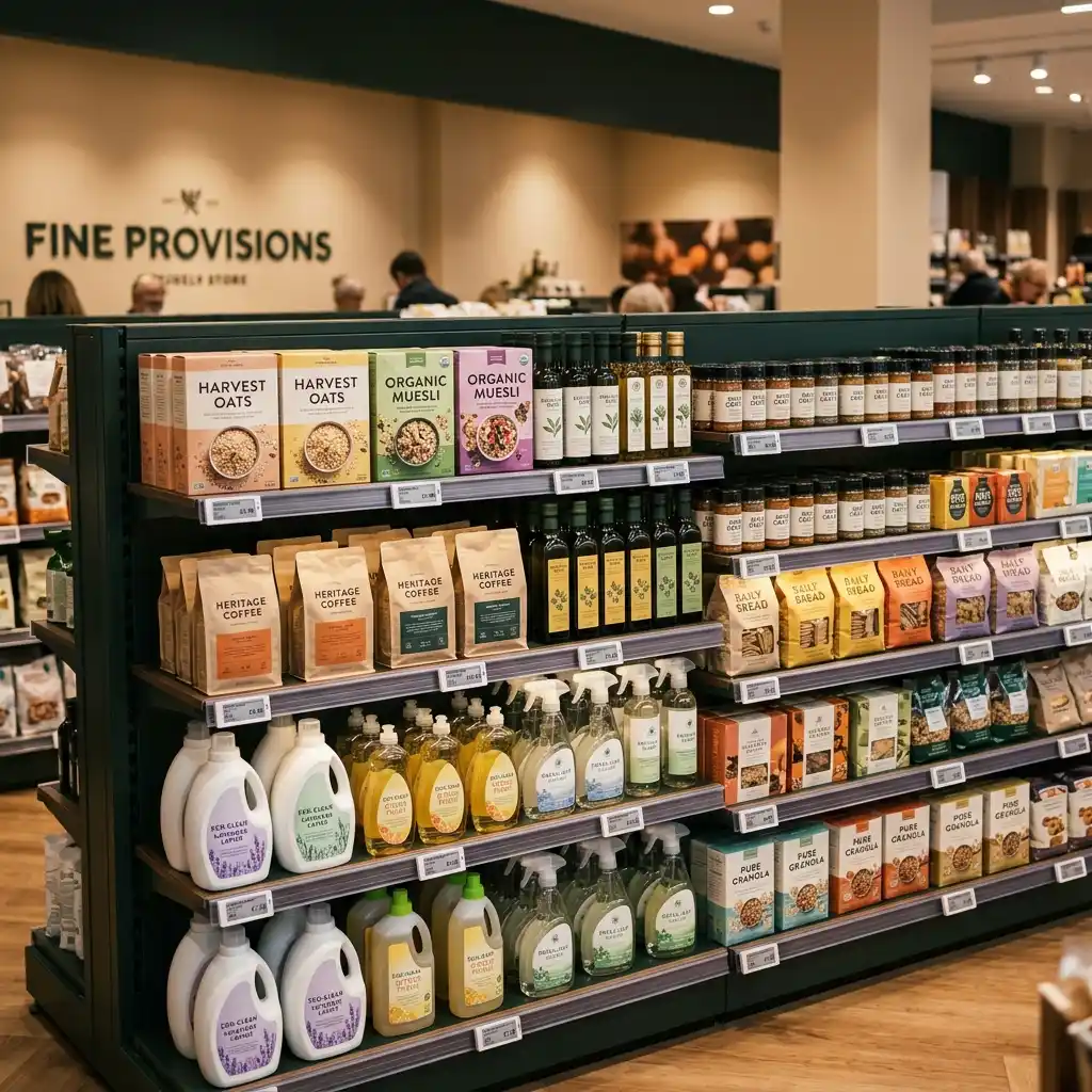 Organized consumer goods and household products on retail supermarket shelving