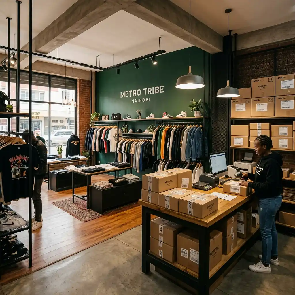 Interior of modern Nairobi streetwear boutique with organized fulfillment packages