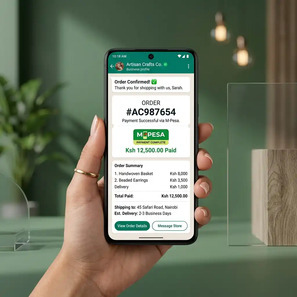 Smartphone displaying stateful WhatsApp shopping checkout confirmation with M-Pesa badge